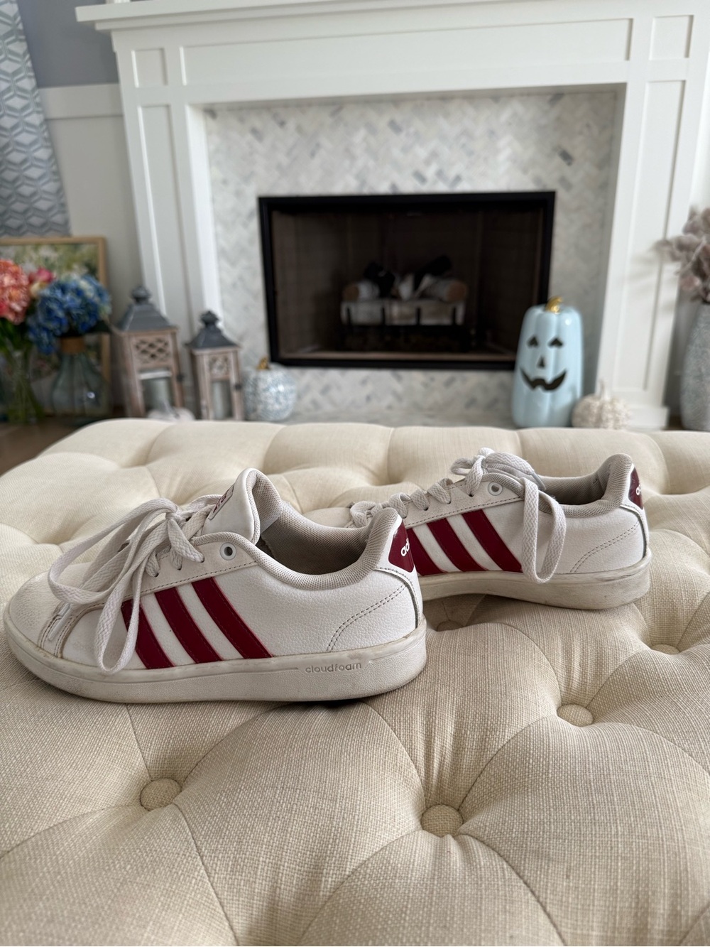 adidas White Sneakers with Red Stripes